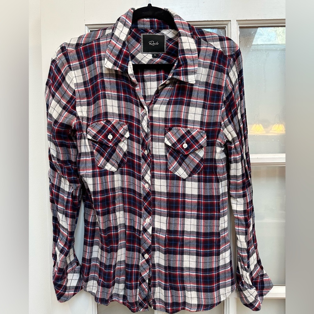 Rails Red, Navy & White Classic Plaid Button-Down Shirt Western Boho Size M
